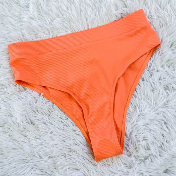 SHEIN • Bright Neon Orange Ribbed High Waisted Swim Bikini Bottoms - Picture 1 of 5